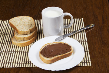 bread with chocolate and a glass of milk