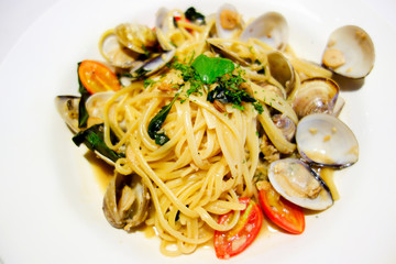 Pasta with Clam Dinner Dish on a the table.