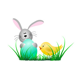 Osterhase und Küken mit Ei im Gras