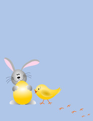 Modernes Ostermotiv mit Hase und Küken auf blau