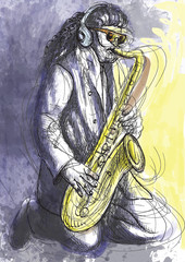 joueur de saxophone - une illustration noire dessinée à la main en vecteur