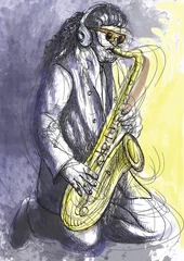 Photo sur Aluminium Groupe de musique joueur de saxophone - une illustration noire dessinée à la main en vecteur