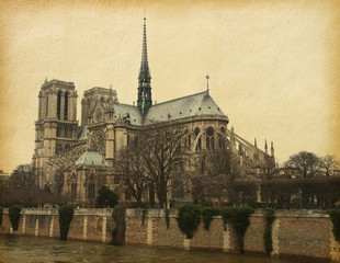 Fototapeta na wymiar Notre Dame de Paris. Photo in retro style. Paper texture.