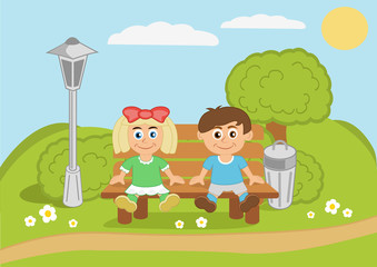 Obraz na płótnie Canvas Dzieci siedzą na ławce. Ilustracji wektorowych