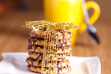 Festive cookies tied with ribbon