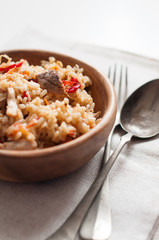 Natural food: rice with meat and vegetables