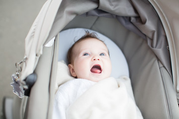 Smiling baby relaxing in a stroller