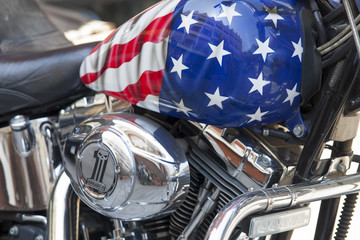 Motorcycle fuel tank with an American flag closeup