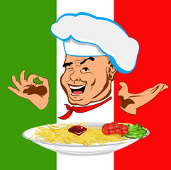 Happy joyful Chef and traditional Italian spaghetti. Vector
