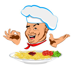 Happy joyful Chef and traditional Italian spaghetti