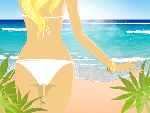 Vector Illustration of a Bikini Girl on Beach