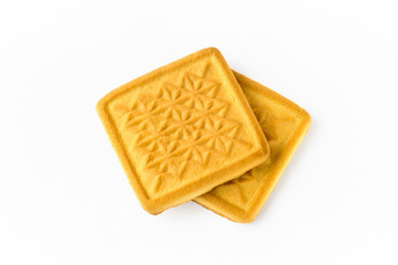 Two very simple and tasty biscuits to eat, isolated on white background	