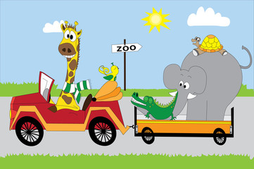Obraz na płótnie Canvas szczęśliwe zwierzęta w czerwonym samochodem z przyczepą