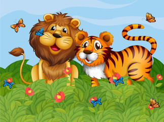 Un lion, un tigre et des papillons dans le jardin