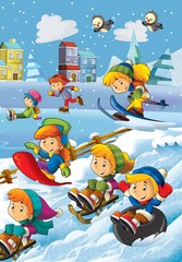 Plakat The winter fun kids - illustration for the children