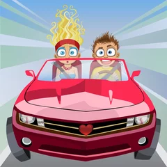 Fotobehang Cartoon gekke jongen en meisje rijden in een auto met hoge snelheid © annzabella