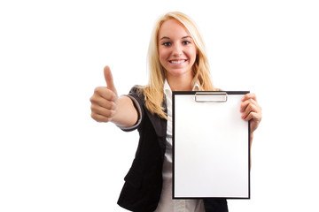 Young woman with checklist and thumb up