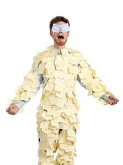 Young man with eyes painted on stickers