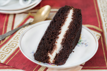 Slice of rich moist chocolate cake