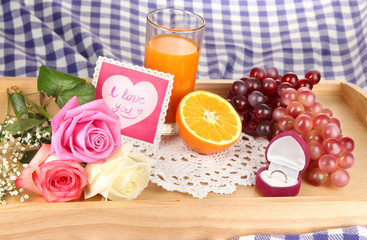 Breakfast in bed on Valentine's Day close-up
