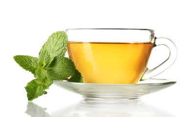 Cup of tea with mint isolated on white