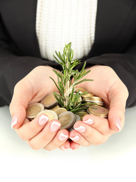 Woman hands with green plant and coins isolated on white.
