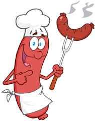 Happy Sausage Chef Cartoon Mascot Character With Sausage On Fork