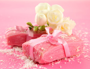 Natural handmade soap, on pink background