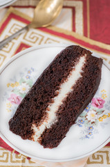 Slice of rich moist chocolate cake