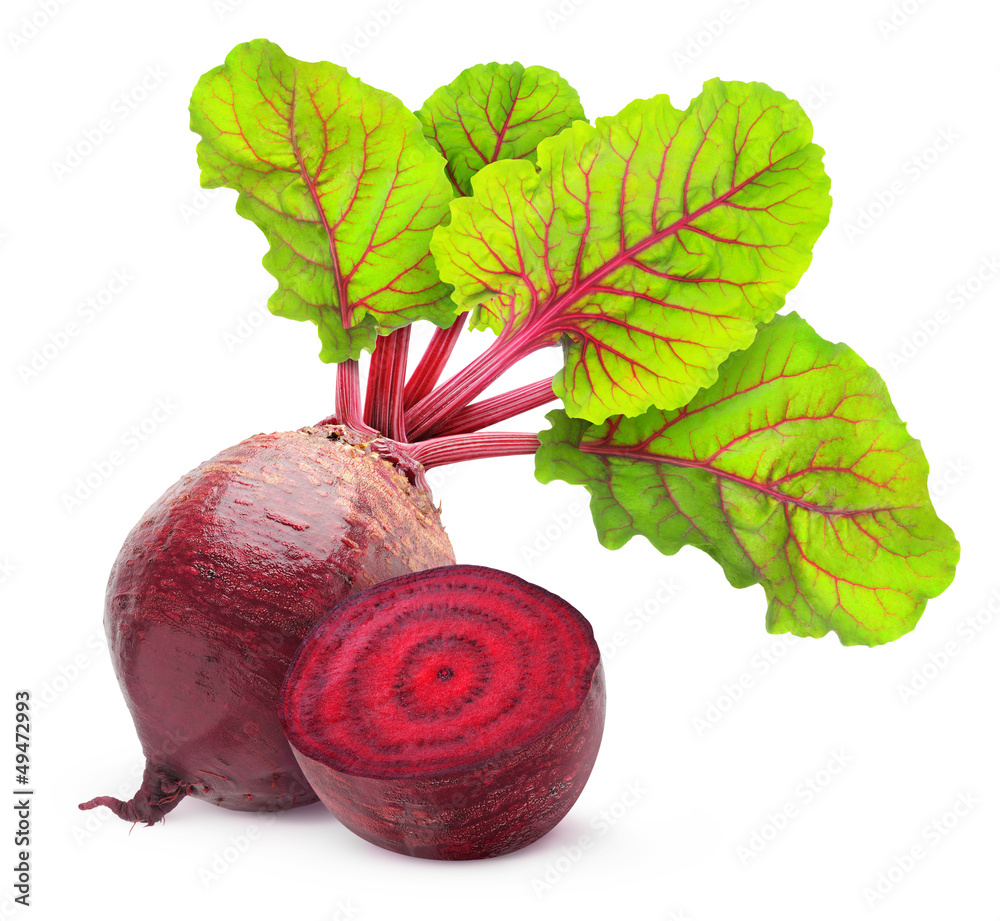 Aufkleber Isolated beetroot. One fresh red beet with leaves and a half isolated on white background