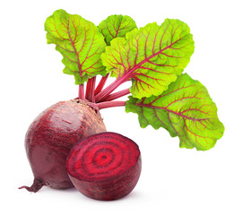 Isolated beetroot. One fresh red beet with leaves and a half isolated on white background - obrazy, fototapety, plakaty