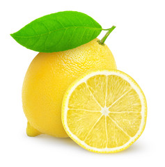 Isolated lemon. One whole lemon fruit and a half isolated on white background - obrazy, fototapety, plakaty