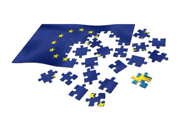 EU flag as puzzle with Swedish flag as a distant piece.