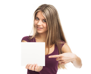 Naklejka premium Pretty woman showing blank signboard with her finger