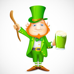 Leprechaun with beer mug wishing Saint Patrick's day