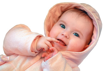 Cute baby girl in pink playing with hands