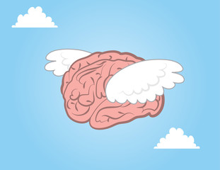 Brain with wings flying through the sky