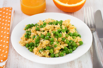 fried egg with green peas on the plate