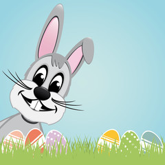 gray easter bunny lawn and colorful eggs