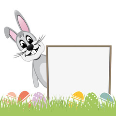 easter bunny behind signboard colorful eggs
