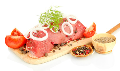 Raw beef meat marinated with herbs and spices isolated on white