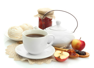 light breakfast with tea and homemade jam, isolated on white