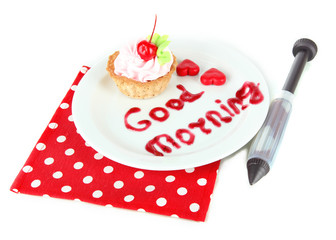 Tasty cake and jam inscription isolated on white