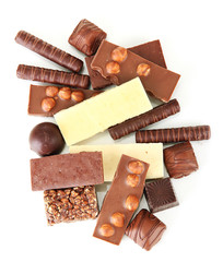 Chocolate and sweets isolated on white