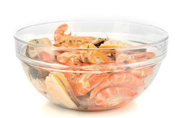 Seafood salad in bowl isolated on white