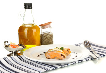 Mussels with sauce on plate isolated on white