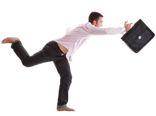 Businessman running with a briefcase isolated