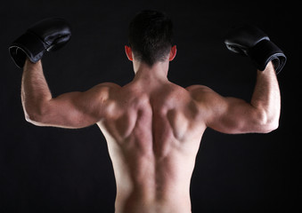 Portrait sportsman boxer in studio dark background back  view