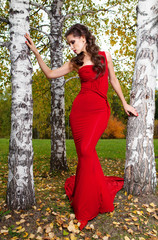 A beautiful brunette in red dress