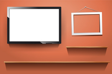 tv on wall, with wood shelf, white photo frame, vector